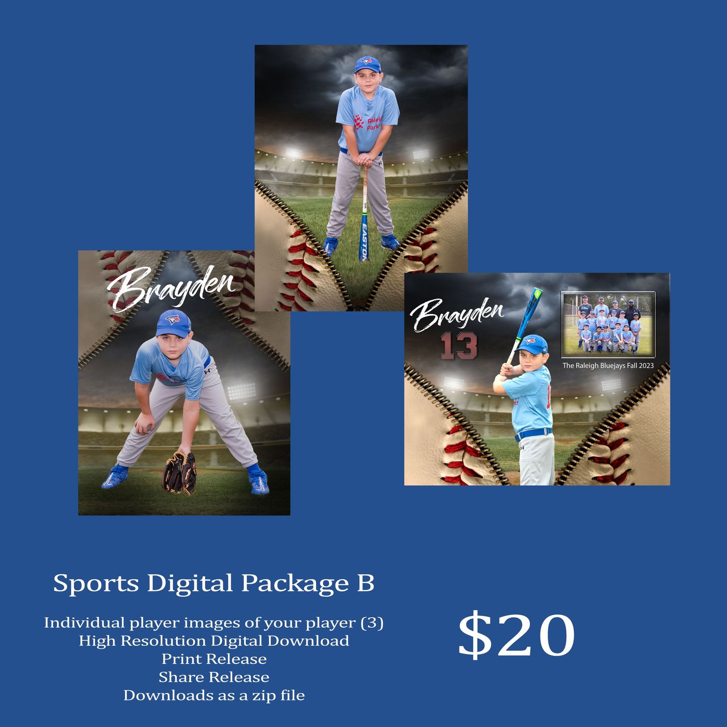 Digital sports photo package offering showing baseball player poses against stadium backdrop for $20.