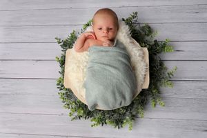 Bébé emmailloté dans une couverture vert menthe, allongé dans un contenant en bois beige entouré de verdure, avec un fond en bois blanc.