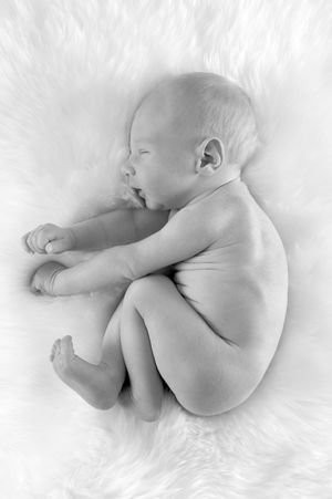 Portrait en noir et blanc d’un nouveau-né endormi, recroquevillé sur une douce fourrure blanche.