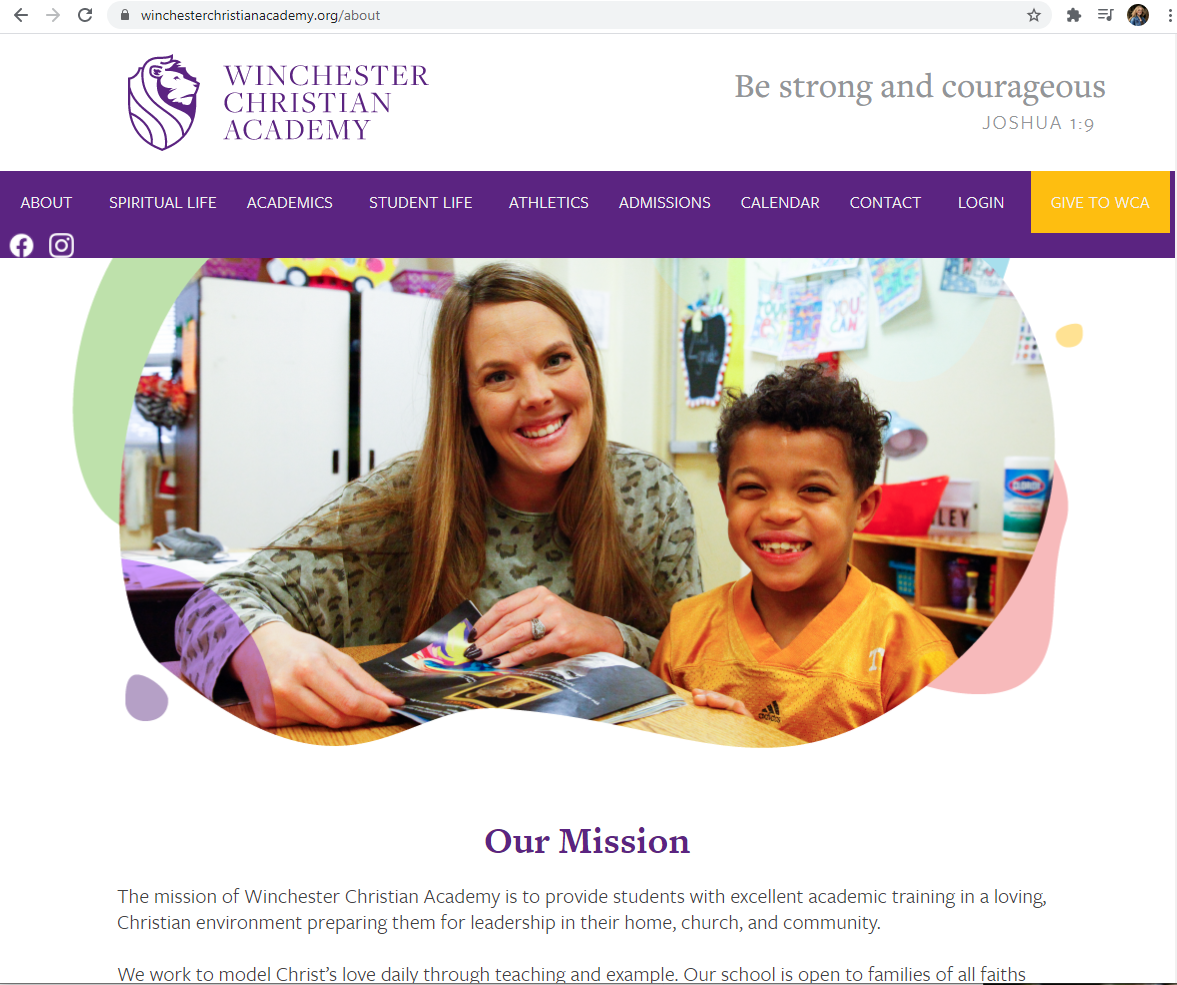 Educational institution website header with purple branding and navigation menu.