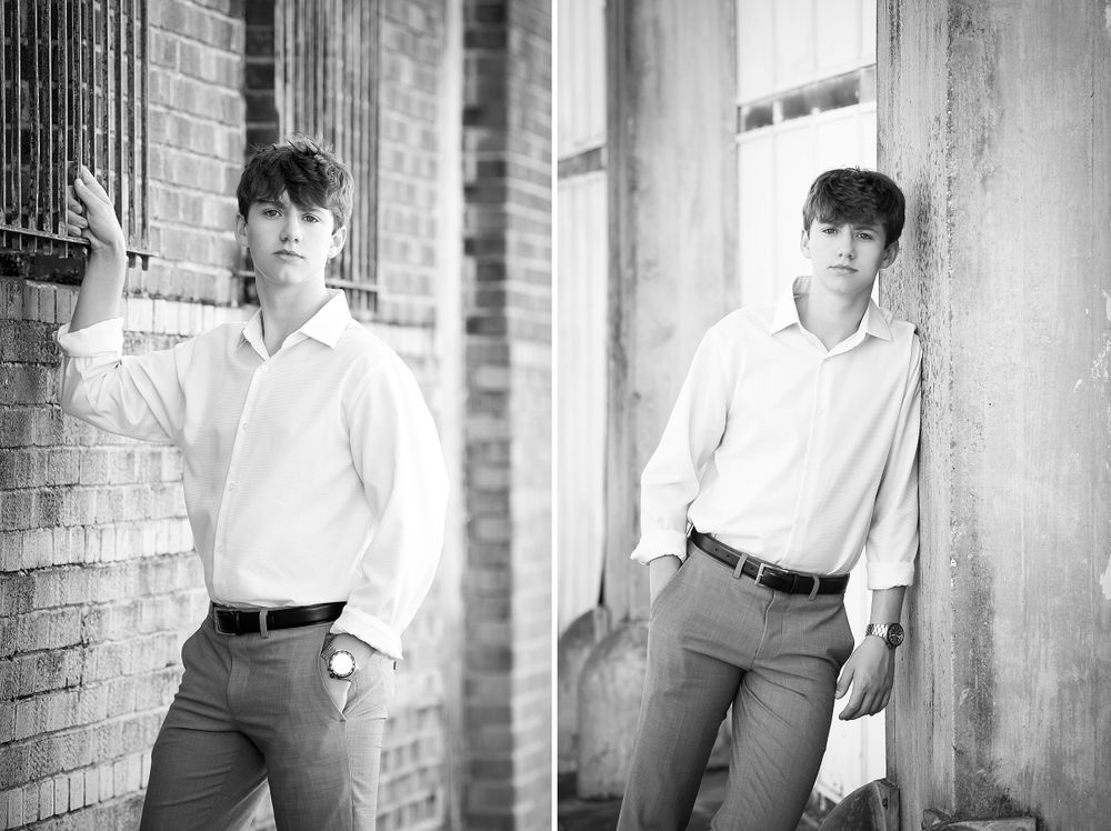 Professional portrait series in black and white showing a young person in formal attire against a brick wall backdrop.