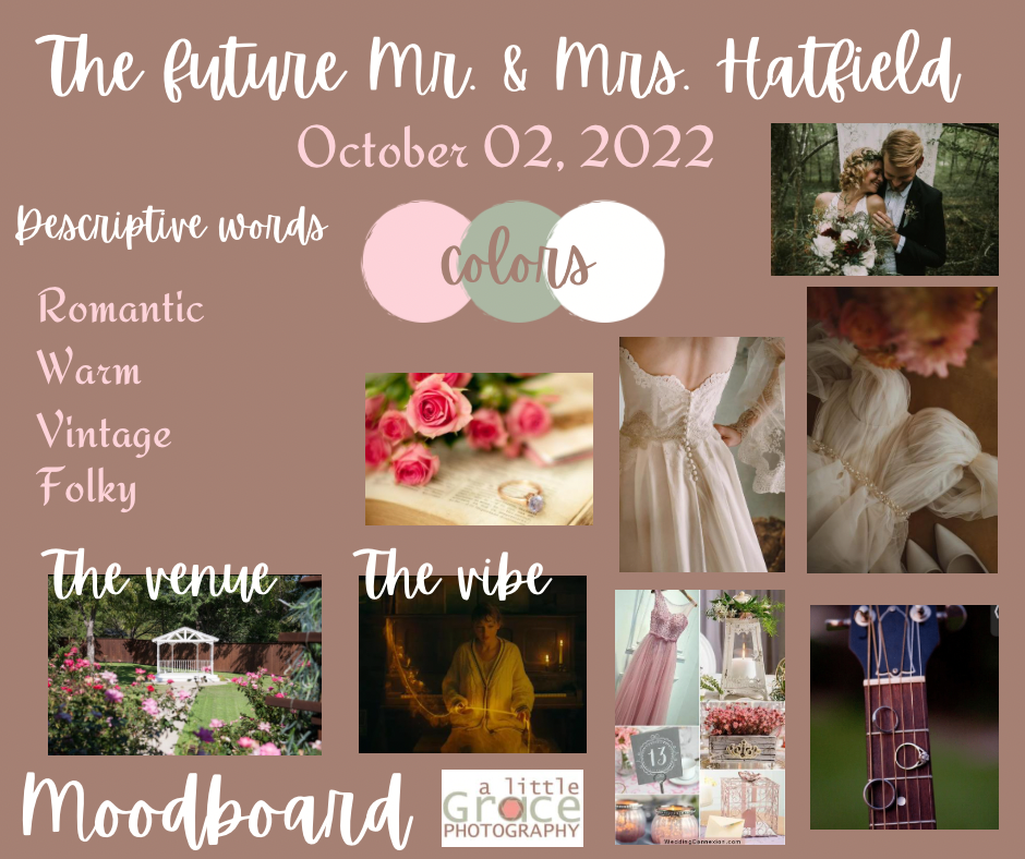 Wedding mood board with vintage romantic theme in soft pink and mint green tones.
