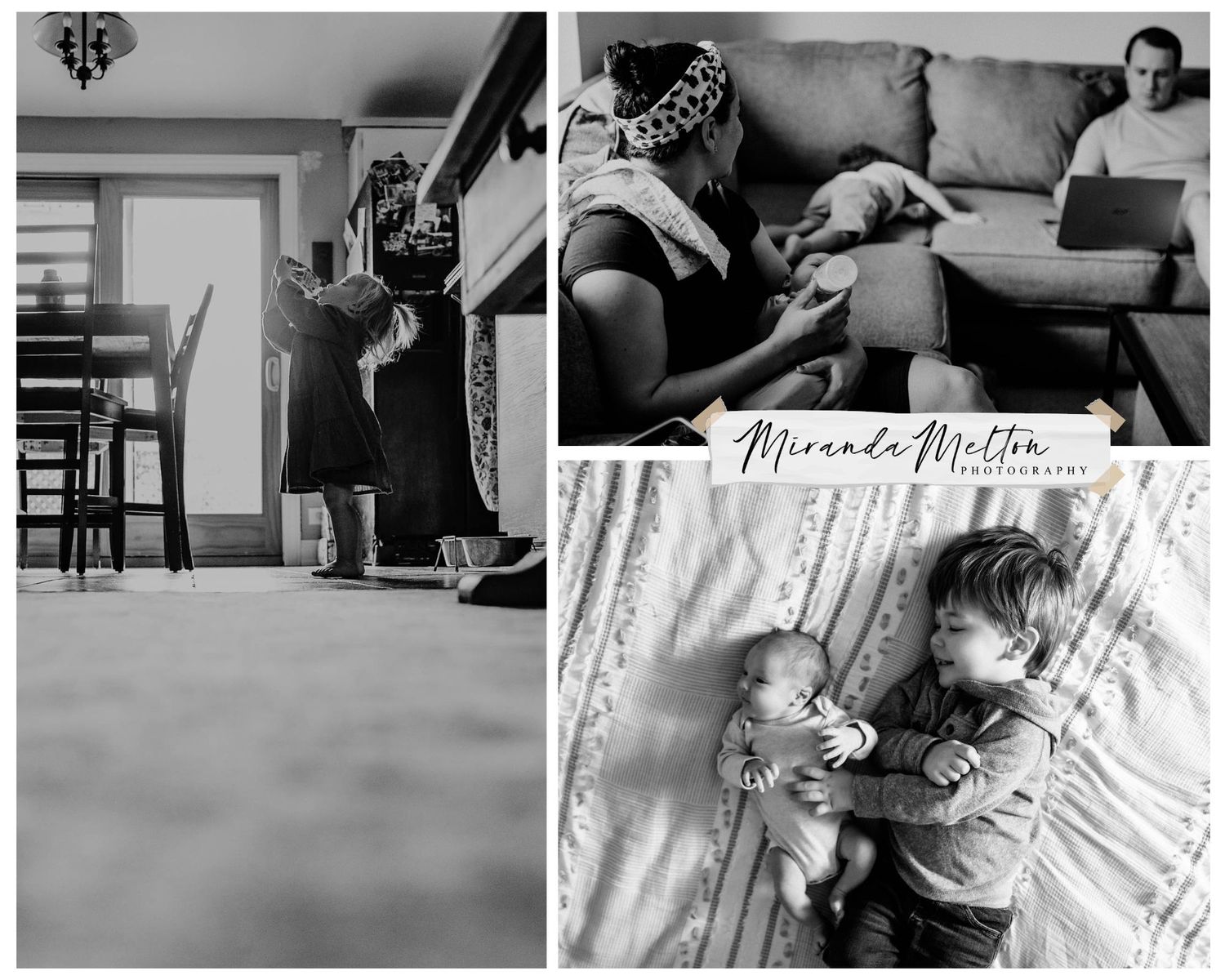 Collage of three black-and-white documentary-style photographs of families in their homes