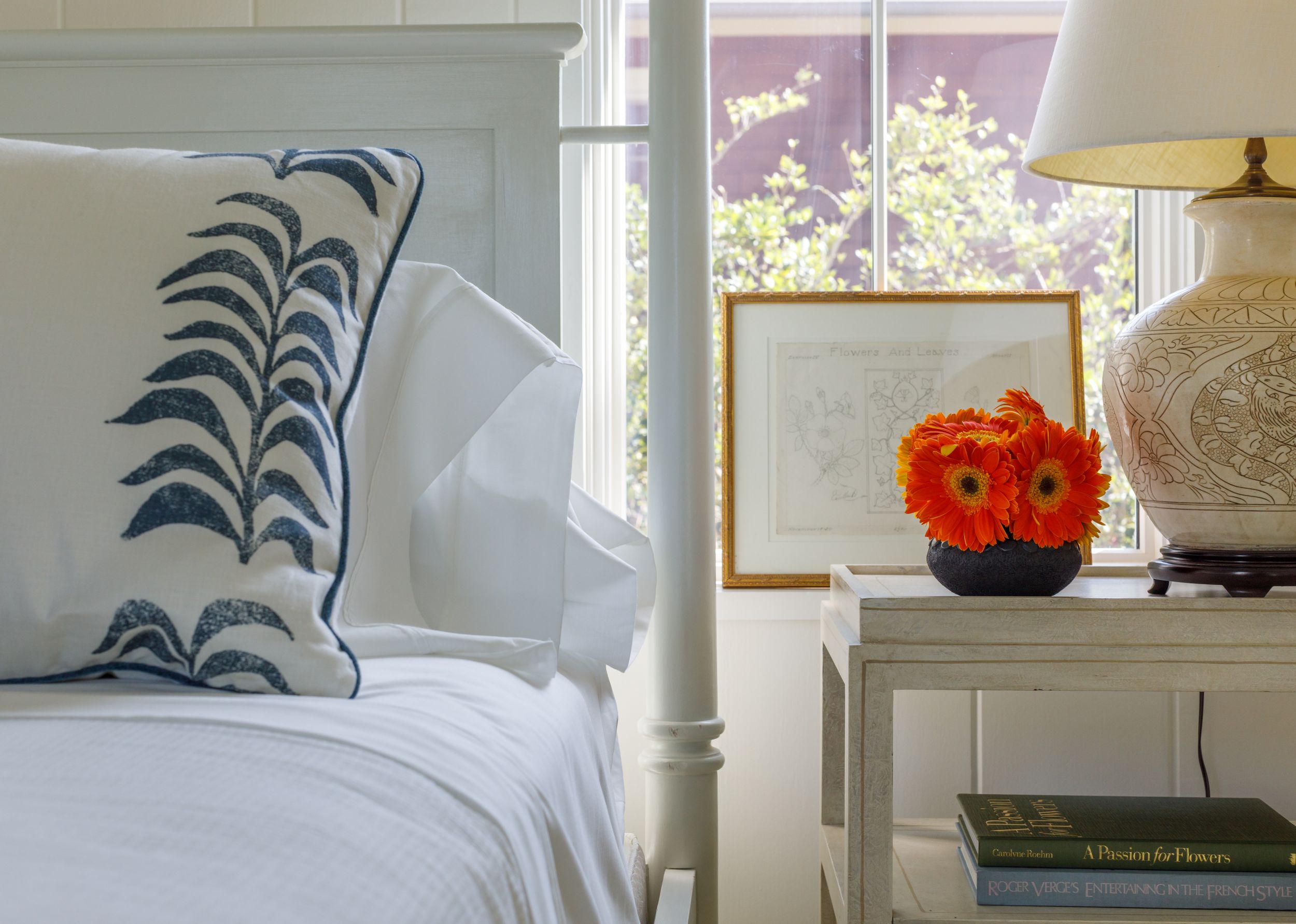 Blue and white guest room with cottage decor