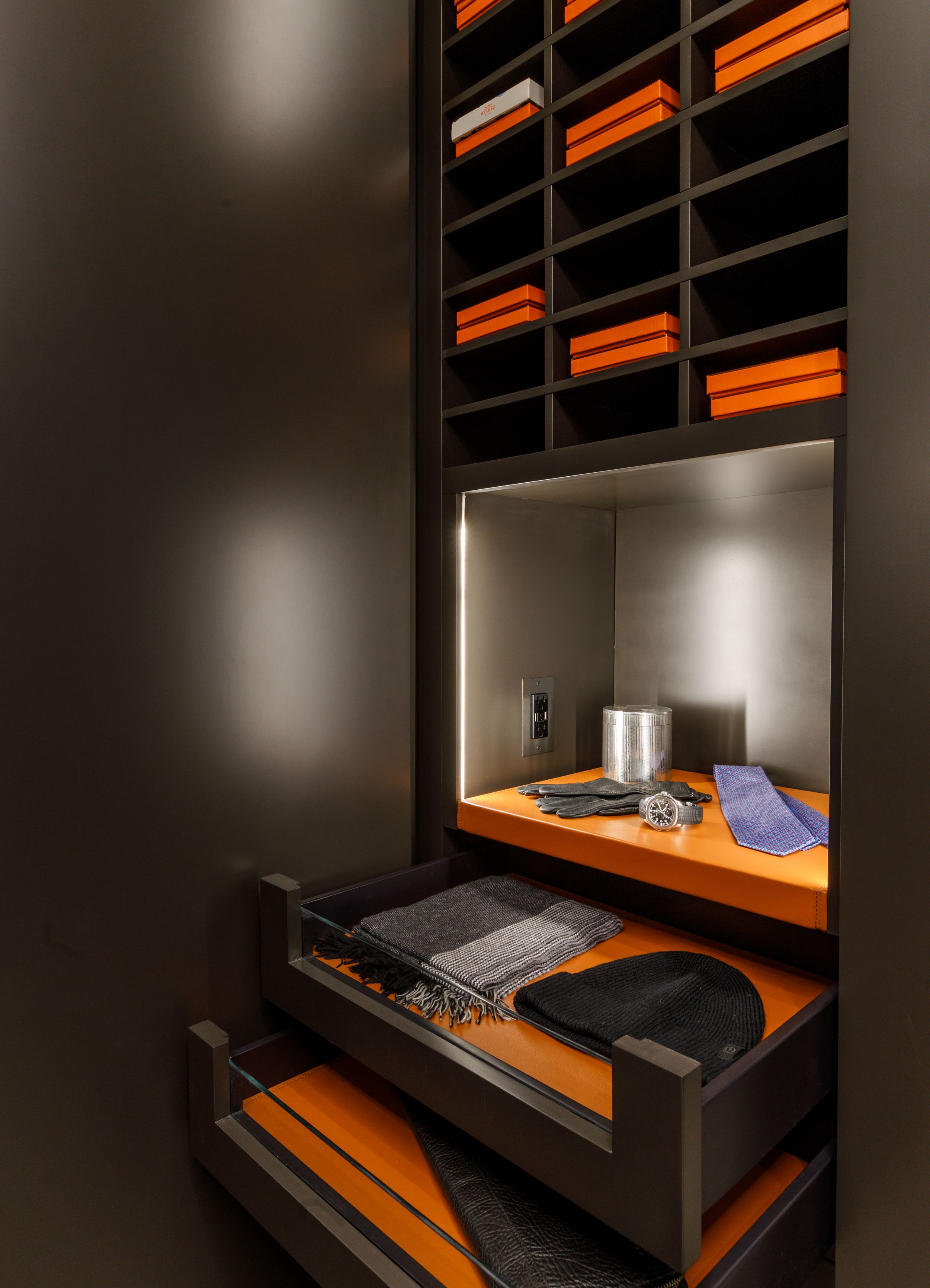 Accessories orangization in men's luxury closet