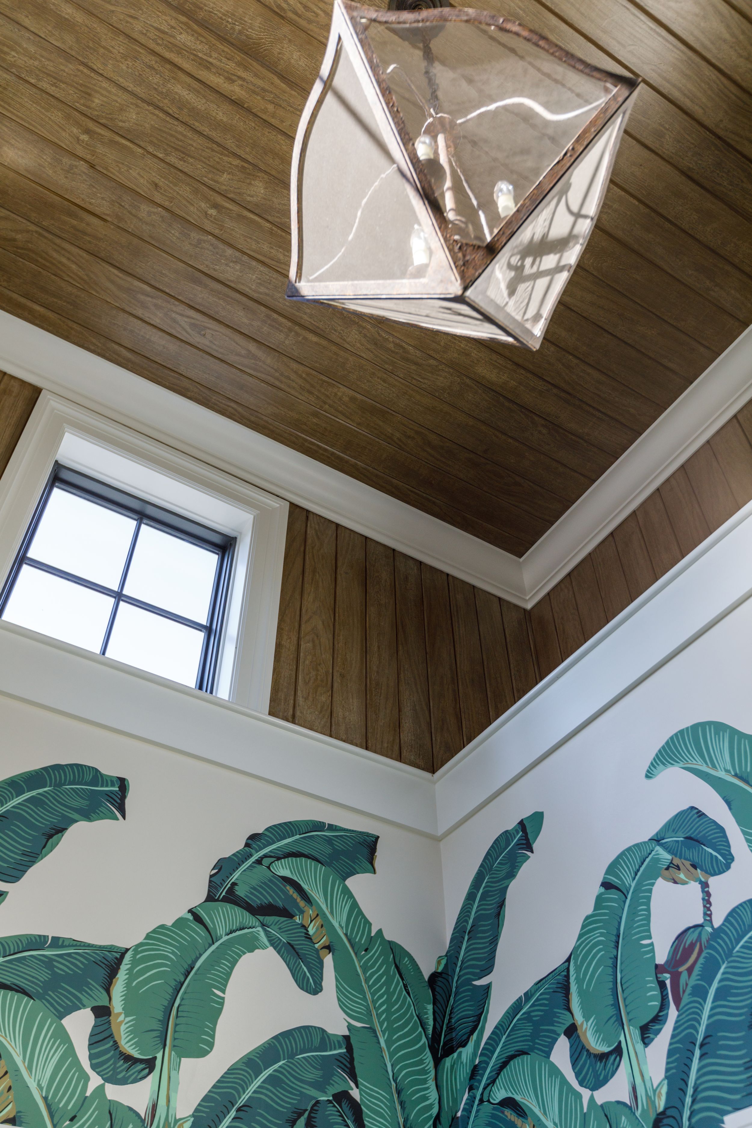 CD Stockwell wall covering The Martinique paired with wood paneling ceiling and custom moldings
