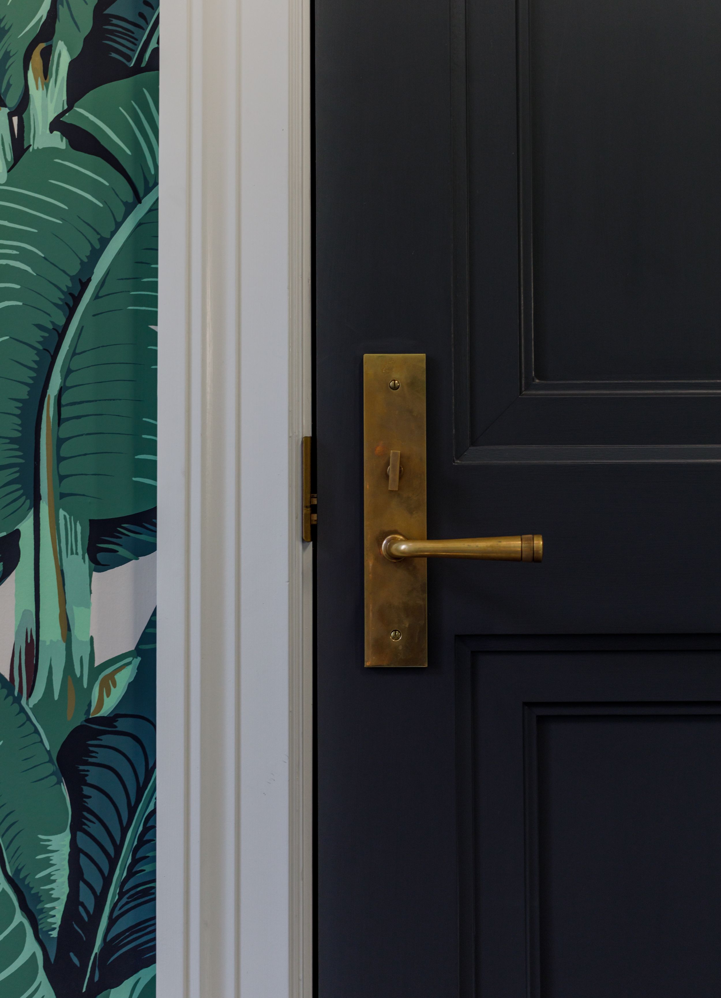 CD Stockwell wall covering paired with dark paint and brass door handle