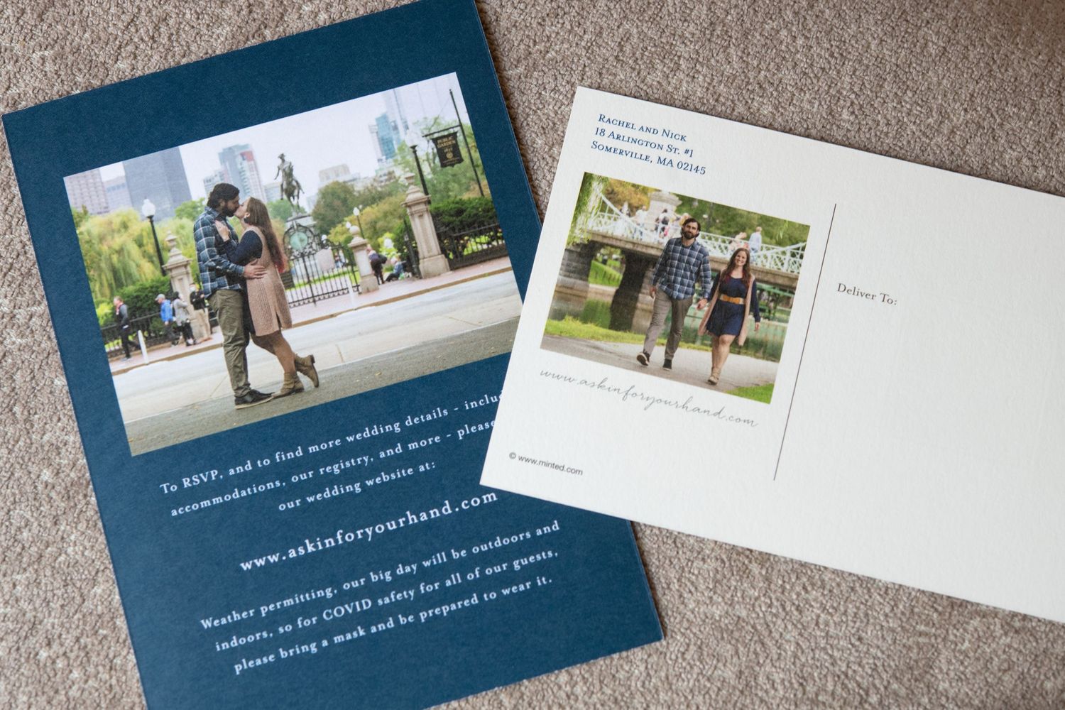 Collection of professional photography business cards and marketing materials laid out on carpet.