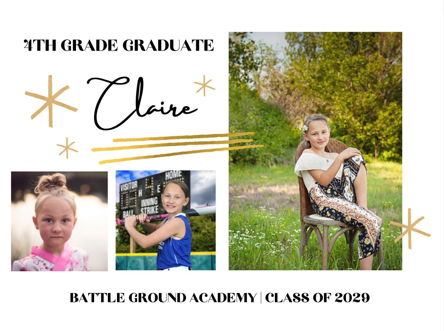 Fourth grade graduation announcement with three photos and gold star decorations.