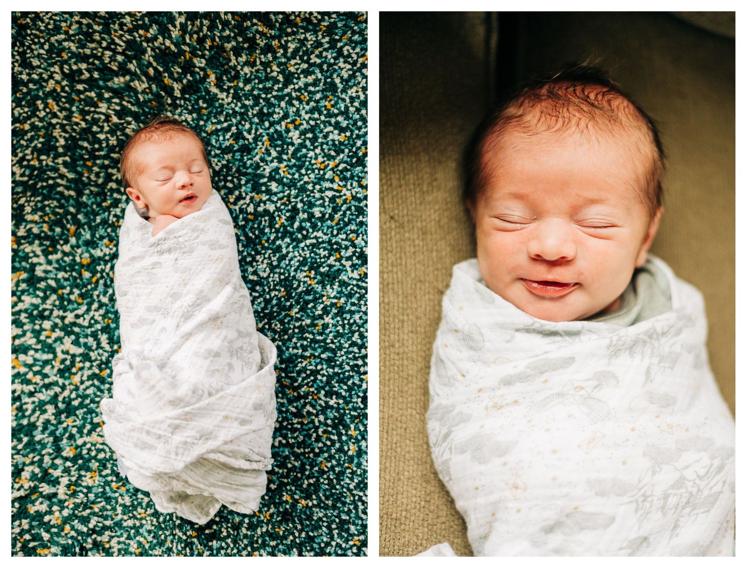 collage: left image baby laying on a blue rug wrapped in a white blanket. right image baby smiling wrapped in a blanket