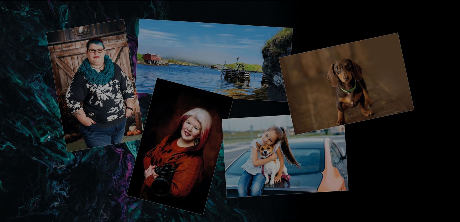 A collage of photography prints featuring outdoor scenes and portraits arranged on a dark background.