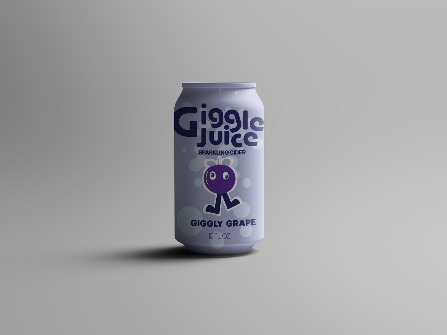 Purple grape-flavored beverage can with playful character design on gray background.