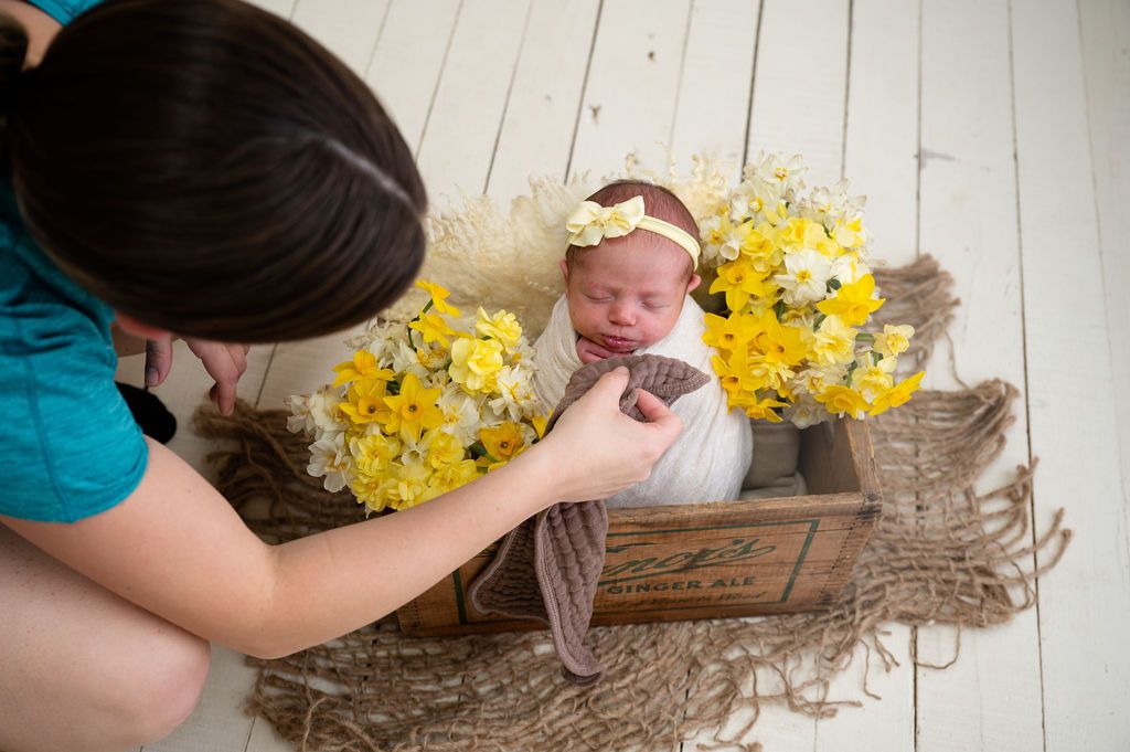 A photography session setup with baby in white wrap surrounded by yellow flowers on wooden surface.