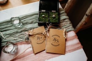 Wedding flat lay featuring vow books, ring box with moss, pearl bracelet, and sage ribbon.