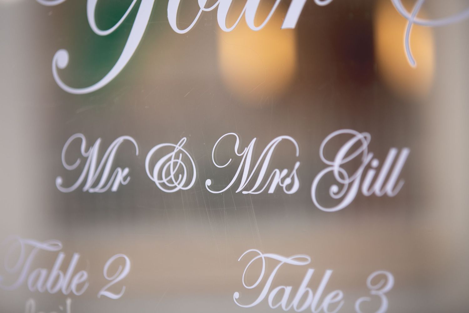 Decorative wedding signage showing Mr & Mrs Gill text in elegant script.