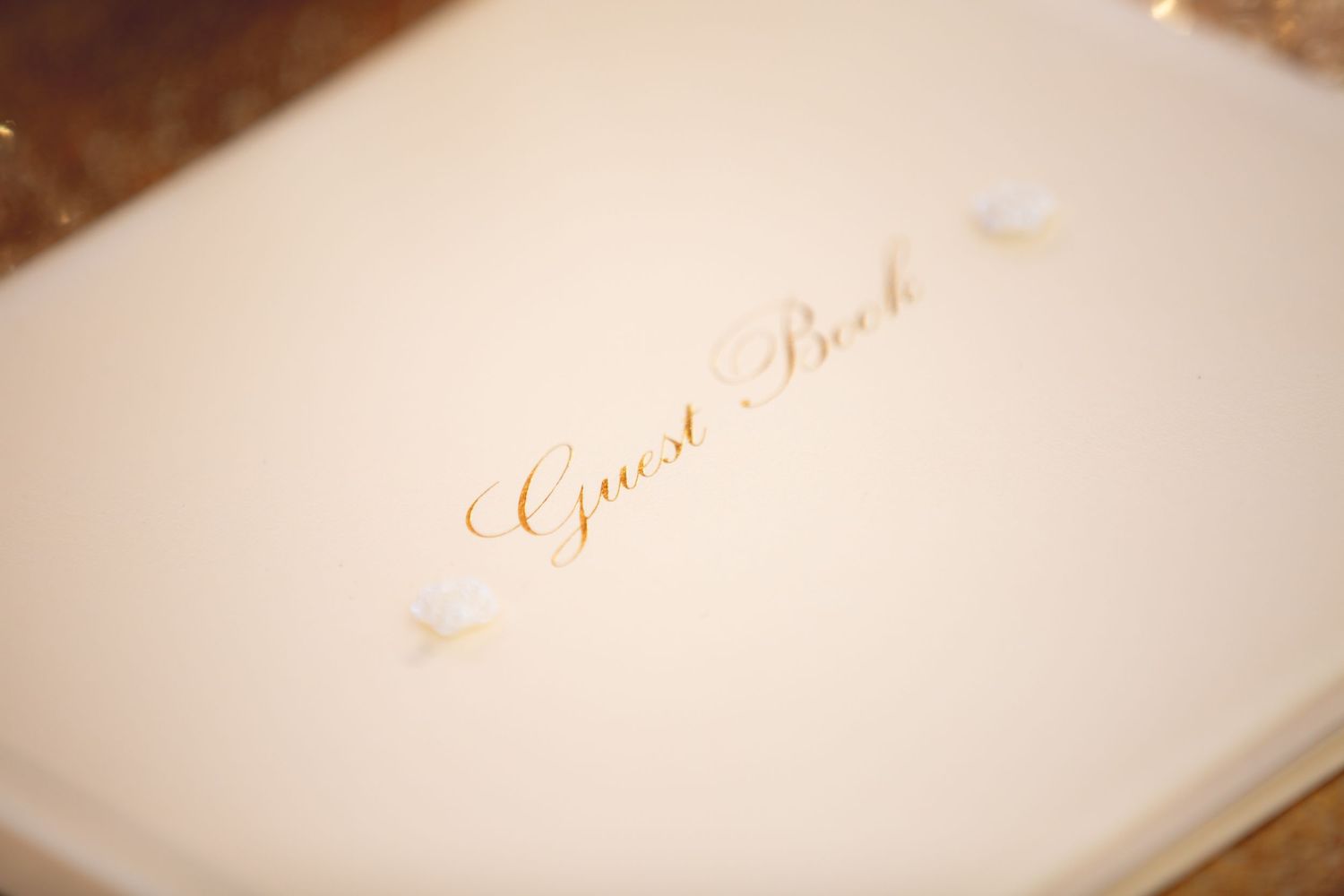 Close-up of elegant gold lettering spelling 'Guest Book' on a white cover.