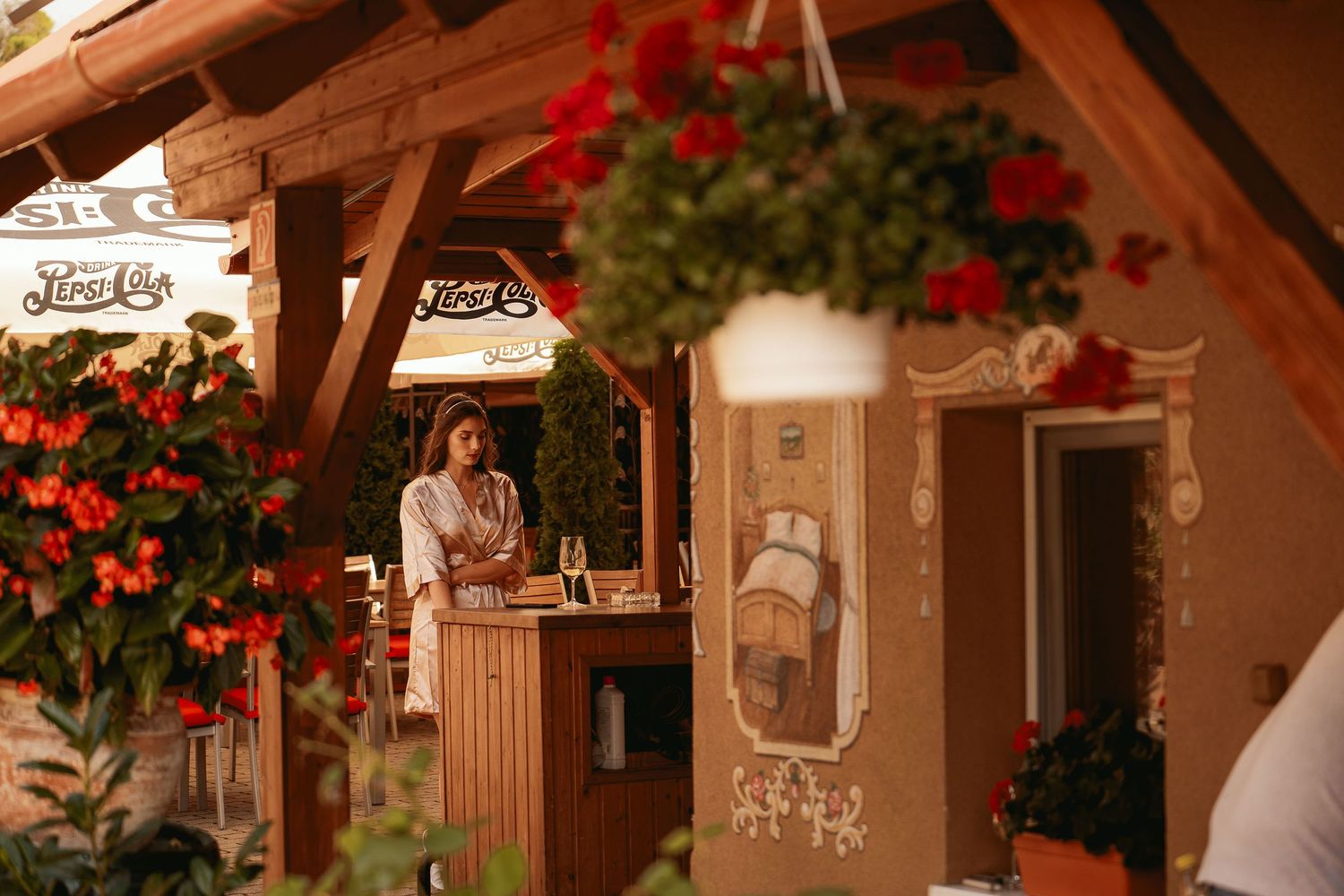 Rustic wooden porch with red flowers and decorative elements in warm evening light.