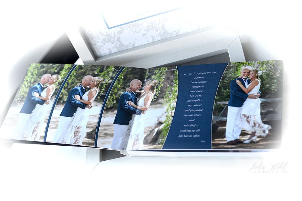 summer wedding book featuring happy bride and groom looking at each other photographer luba wold