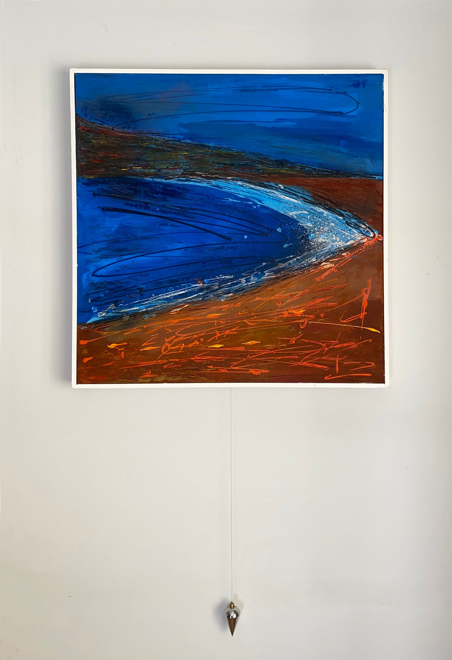 'Sea State II' mixed media painting on canvas with a plumbob. Blue and red beach landscape.