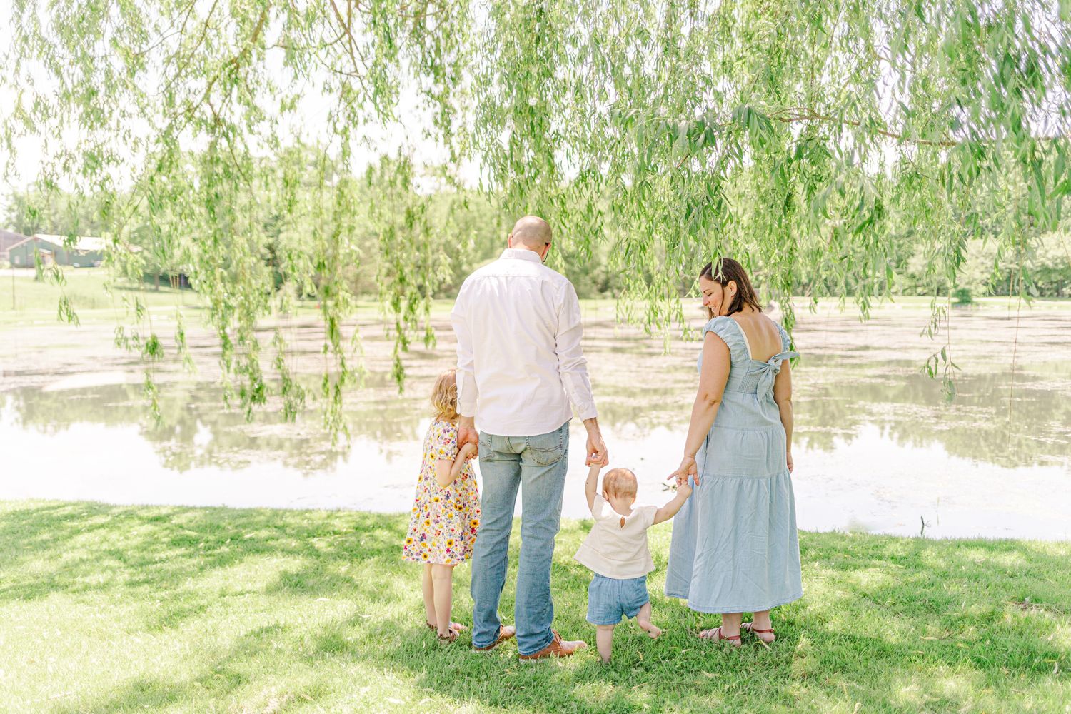 Family of four with backs to the camera standing in front of a willow tree during a Hudson Valley, NY Portrait session