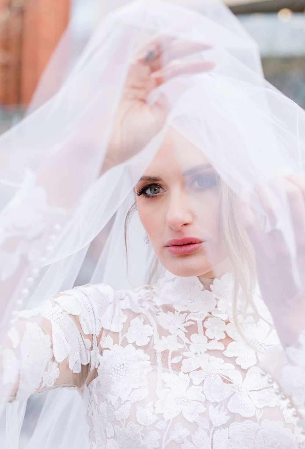 Ethereal bridal portrait with sheer veil covering delicate lace gown details.