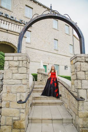 Stone staircase with wrought iron railings leading up to an elegant archway entrance.