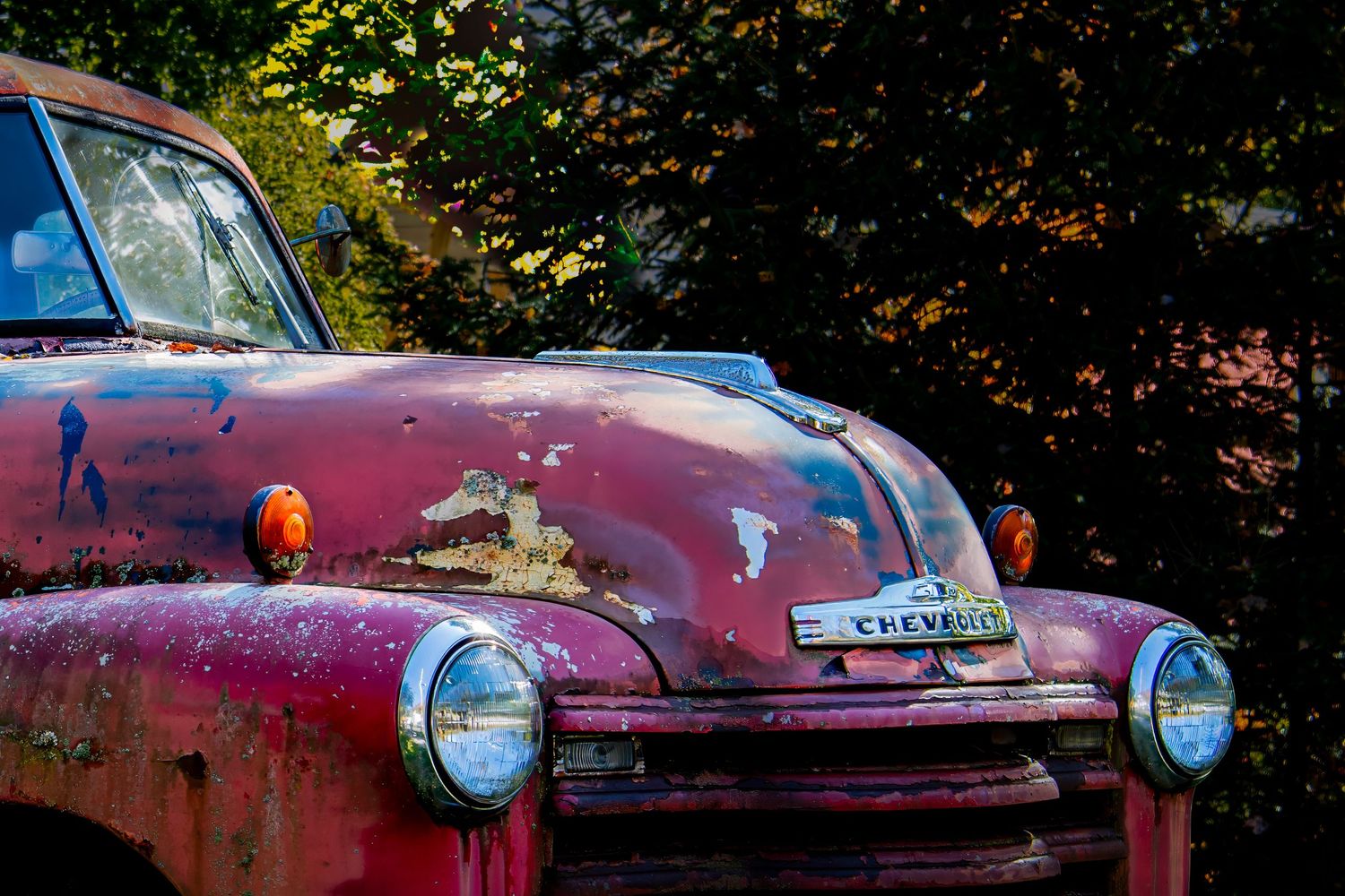 Vintage red Chevrolet truck with patina finish photographed in natural lighting.