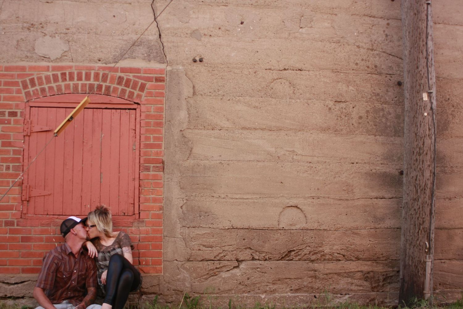 A sequence of outdoor photos taken against a rustic wall with red accents.
