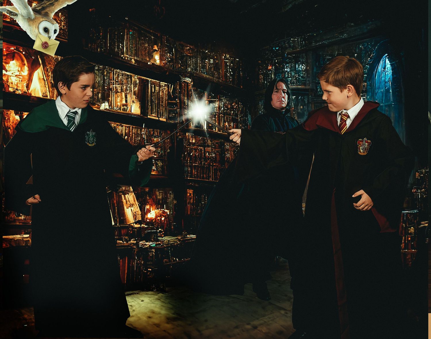Students practicing spells in a dimly lit magical castle library.