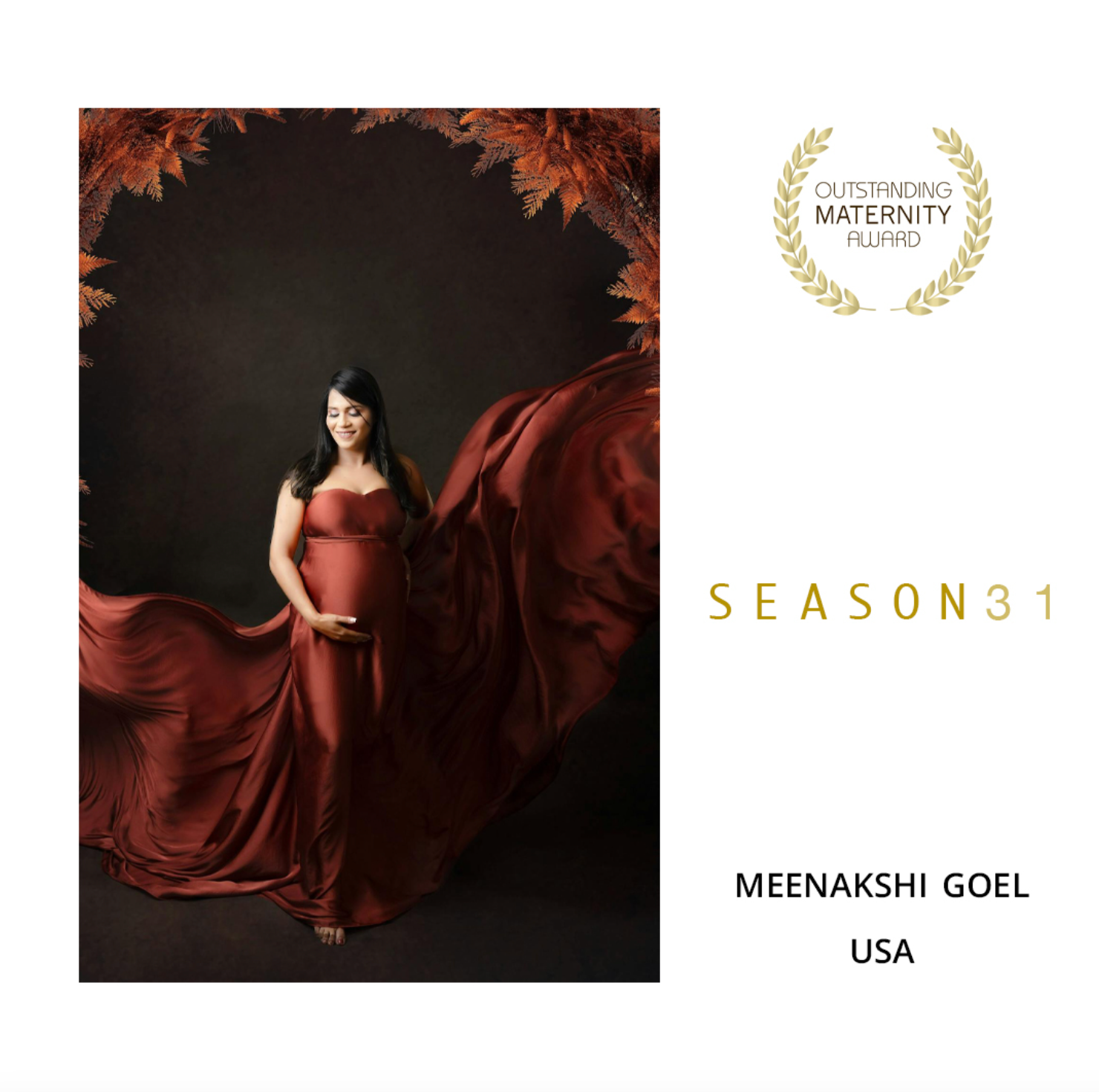 Dramatic maternity portrait with flowing red dress against dark background with autumn leaves frame.