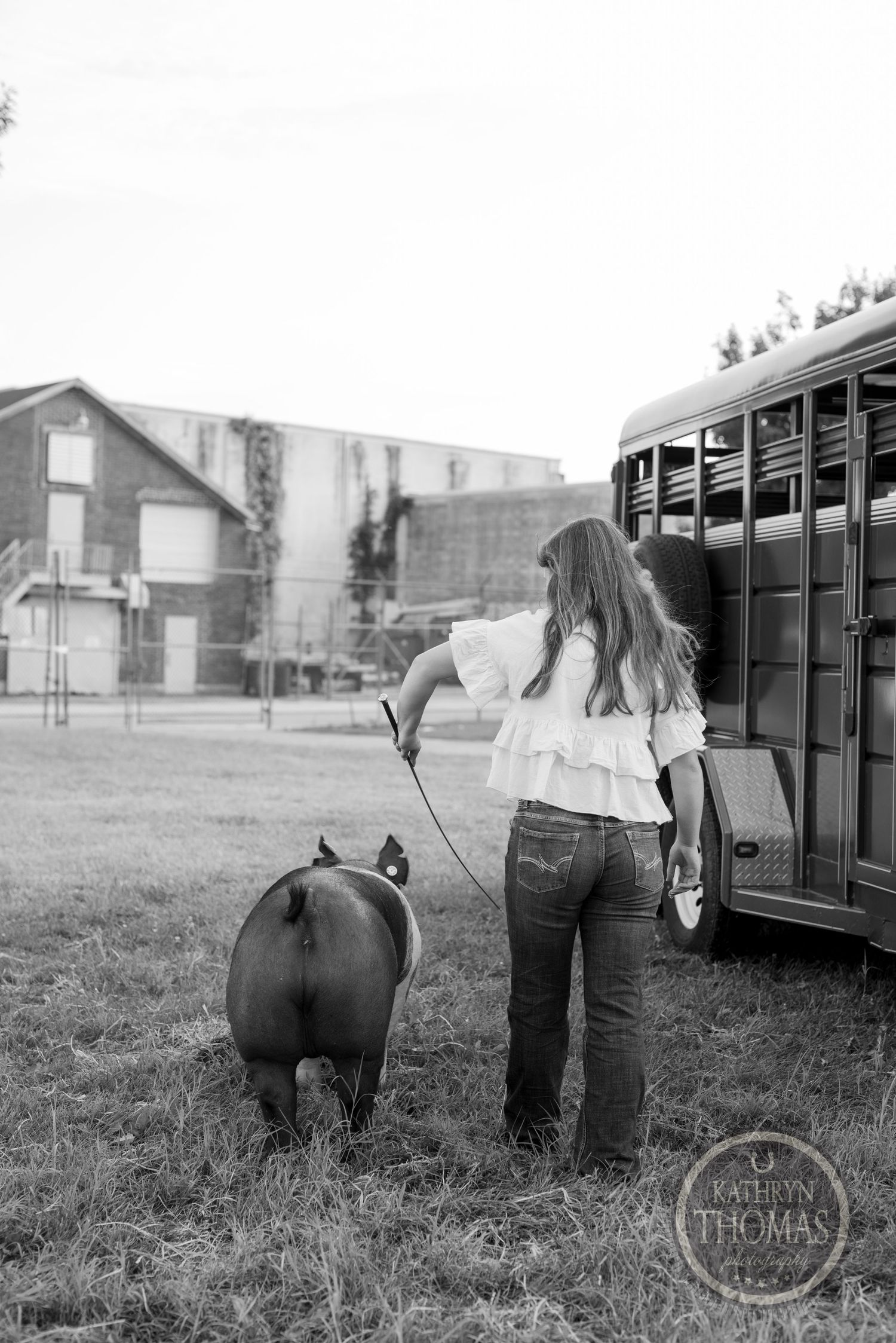 A black and white photo shows someone leading a show pig near a livestock trailer.