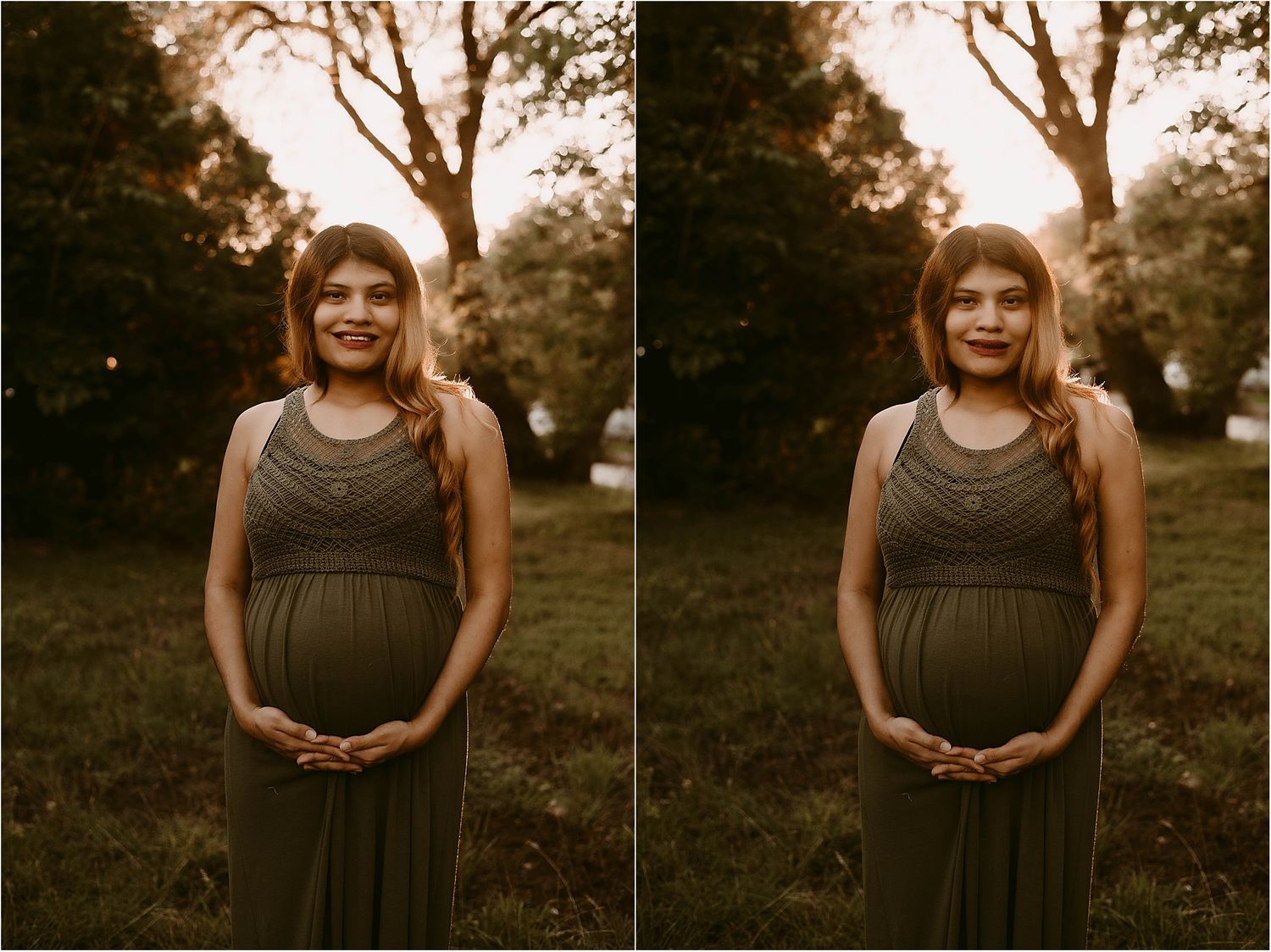 Maternity photoshoot in an olive green maxi dress at golden hour in a grassy outdoor setting.