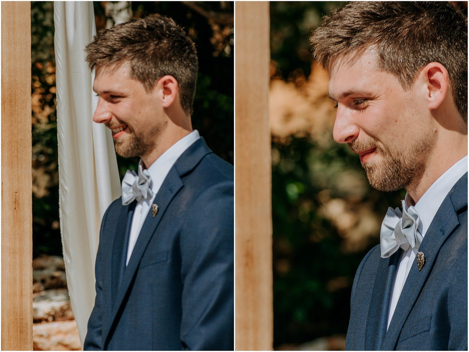 Two emotional side-by-side portrait shots of a groom in a navy blue suit and bowtie.