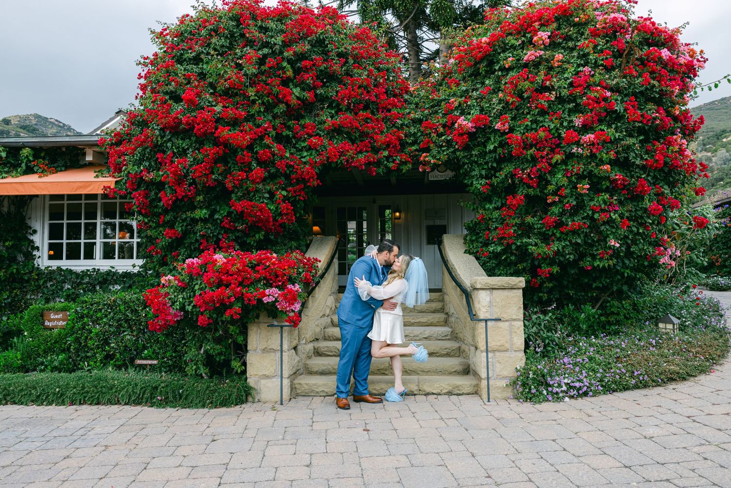 couple kisses in front of giant bougainvillea that is shaped like a heart