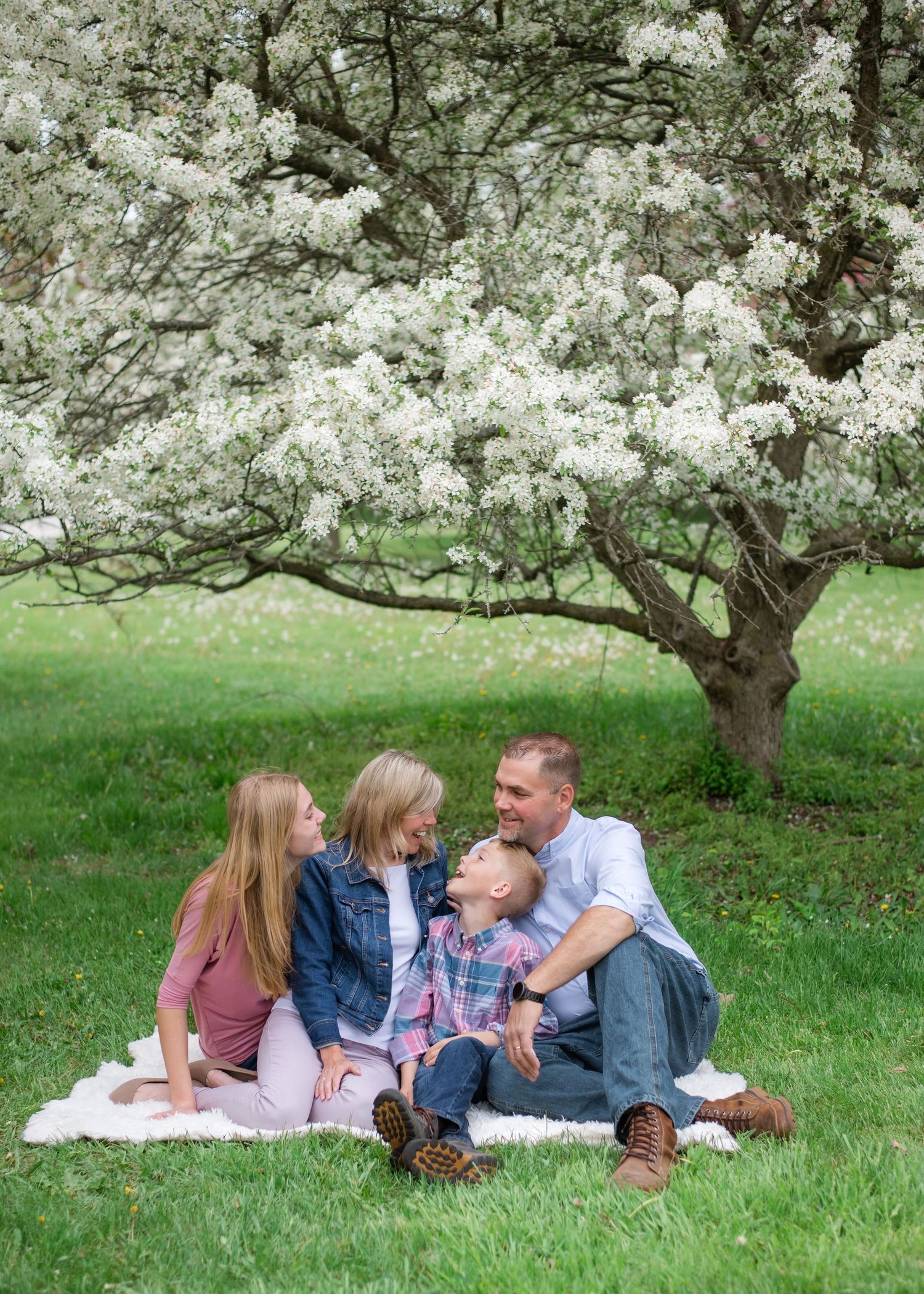 A family shares a tender moment while sitting on a blanket under a blooming white cherry tree.
