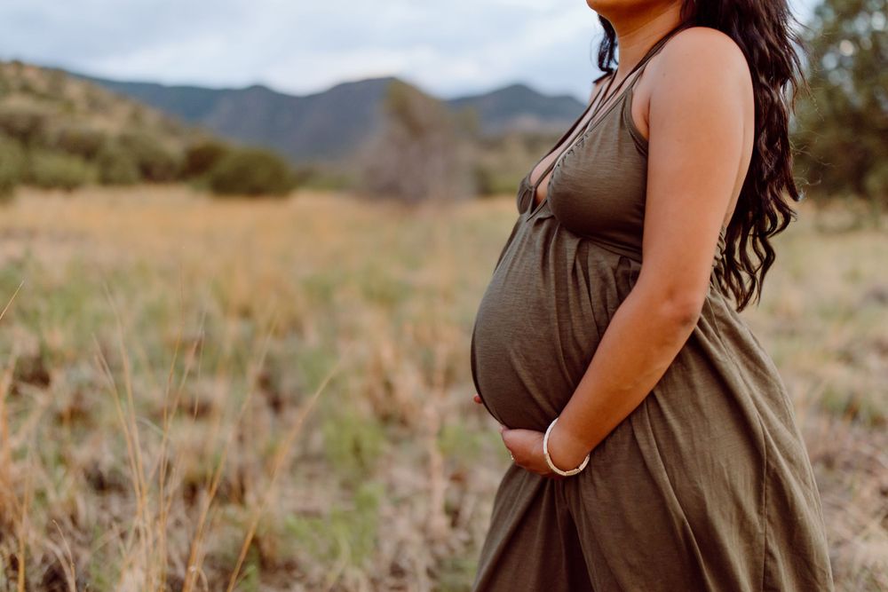 Brown dress maternity photos in a desert setting with mountain views.
