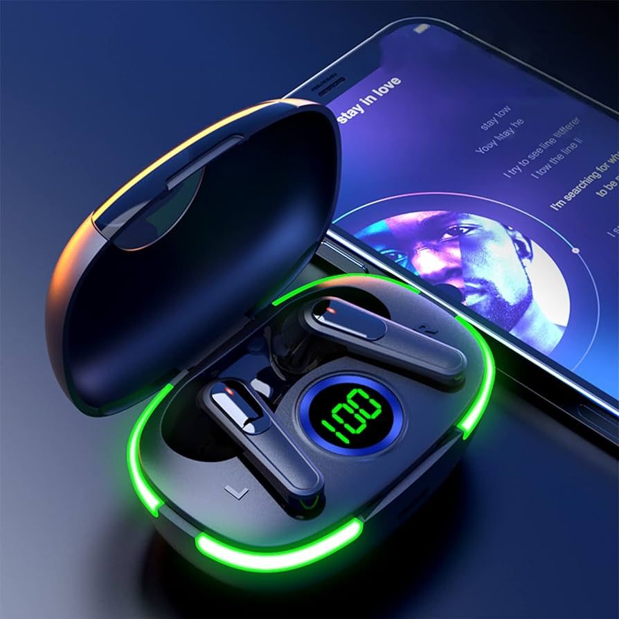 Wireless earbuds charging case with LED display and smartphone showing battery status.