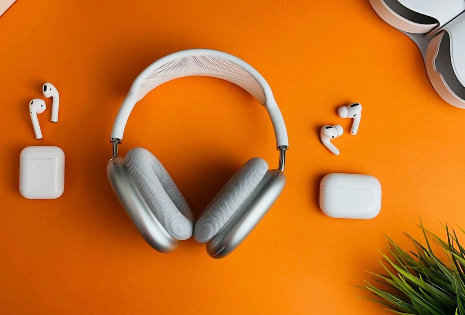 Apple AirPods Max headphones and AirPods cases arranged on vibrant orange background with plant.