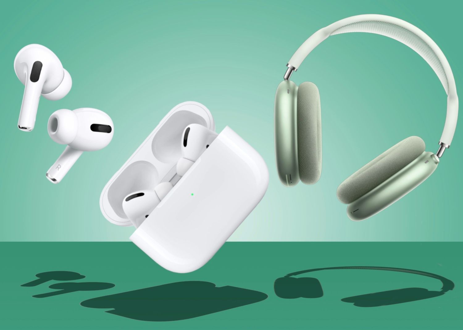 Apple AirPods Pro and AirPods Max floating on mint green background with shadows.