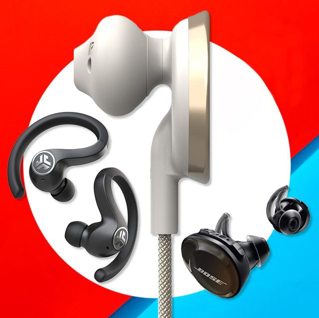 Sports earbuds and wireless headphones collection displayed on red and white circular background.