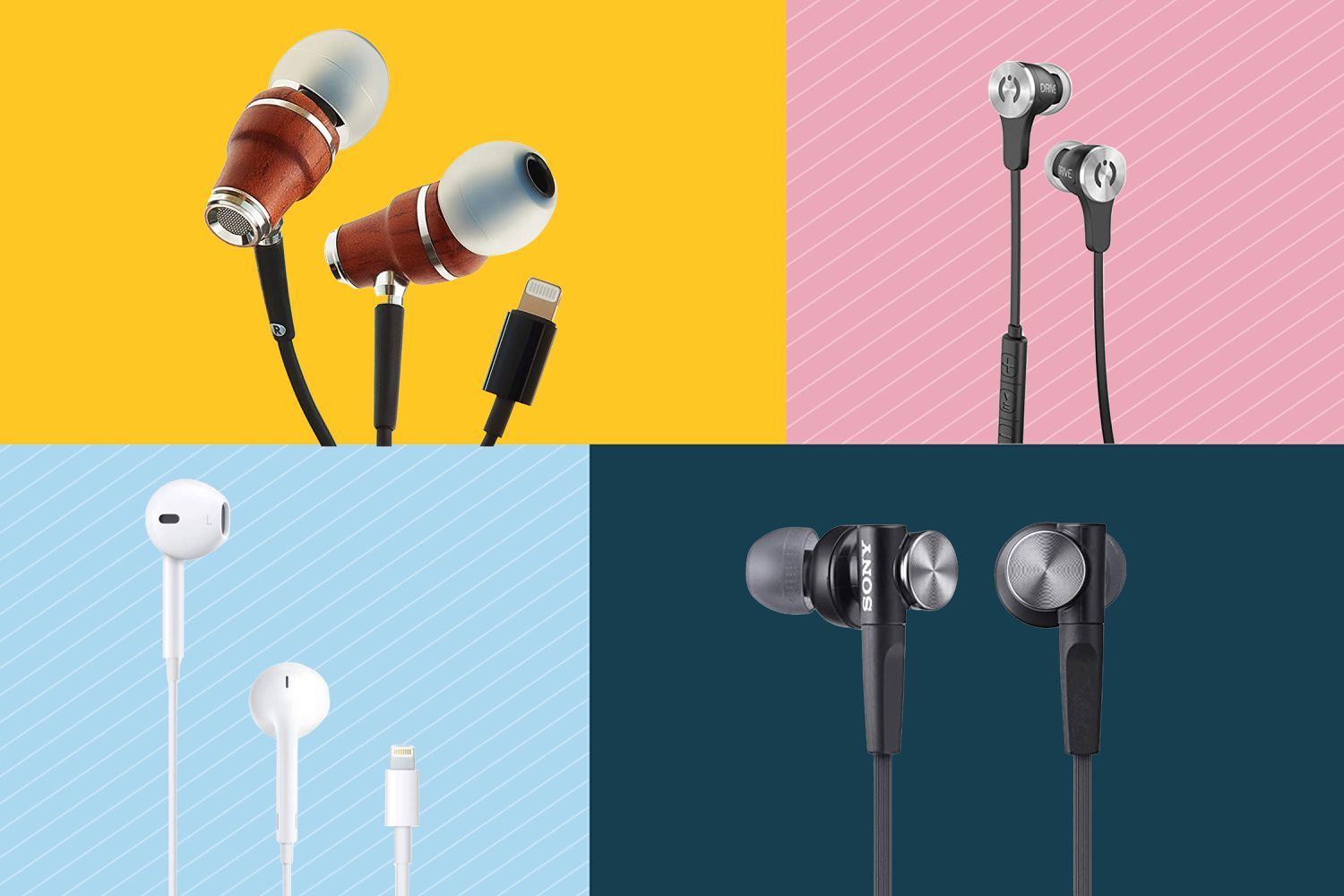 Collection of different earbuds and headphones displayed on colorful geometric background panels.