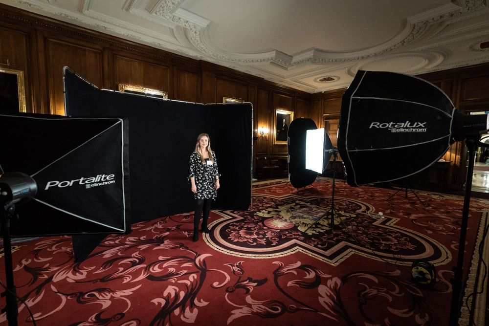 Portable studio setup for winner portraits at merchant Taylors hall
