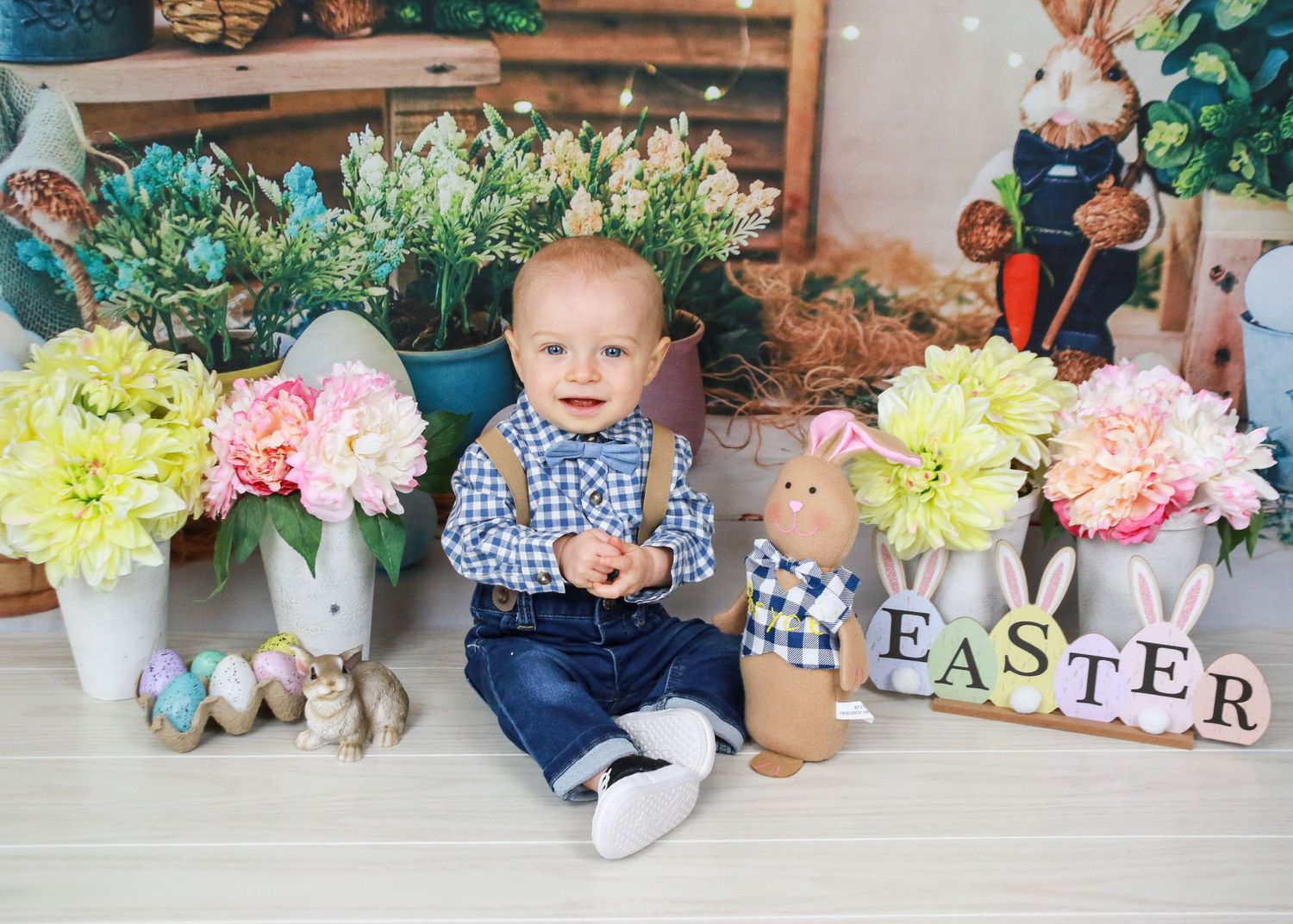 Easter themed photo collage with colorful spring flowers and decorative baskets.