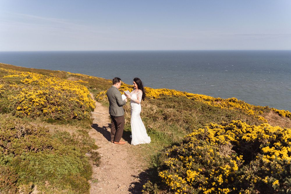 bride and groom reading their vows on a cliff at howth dublin, surrounded by yellow flowers on a sunny day