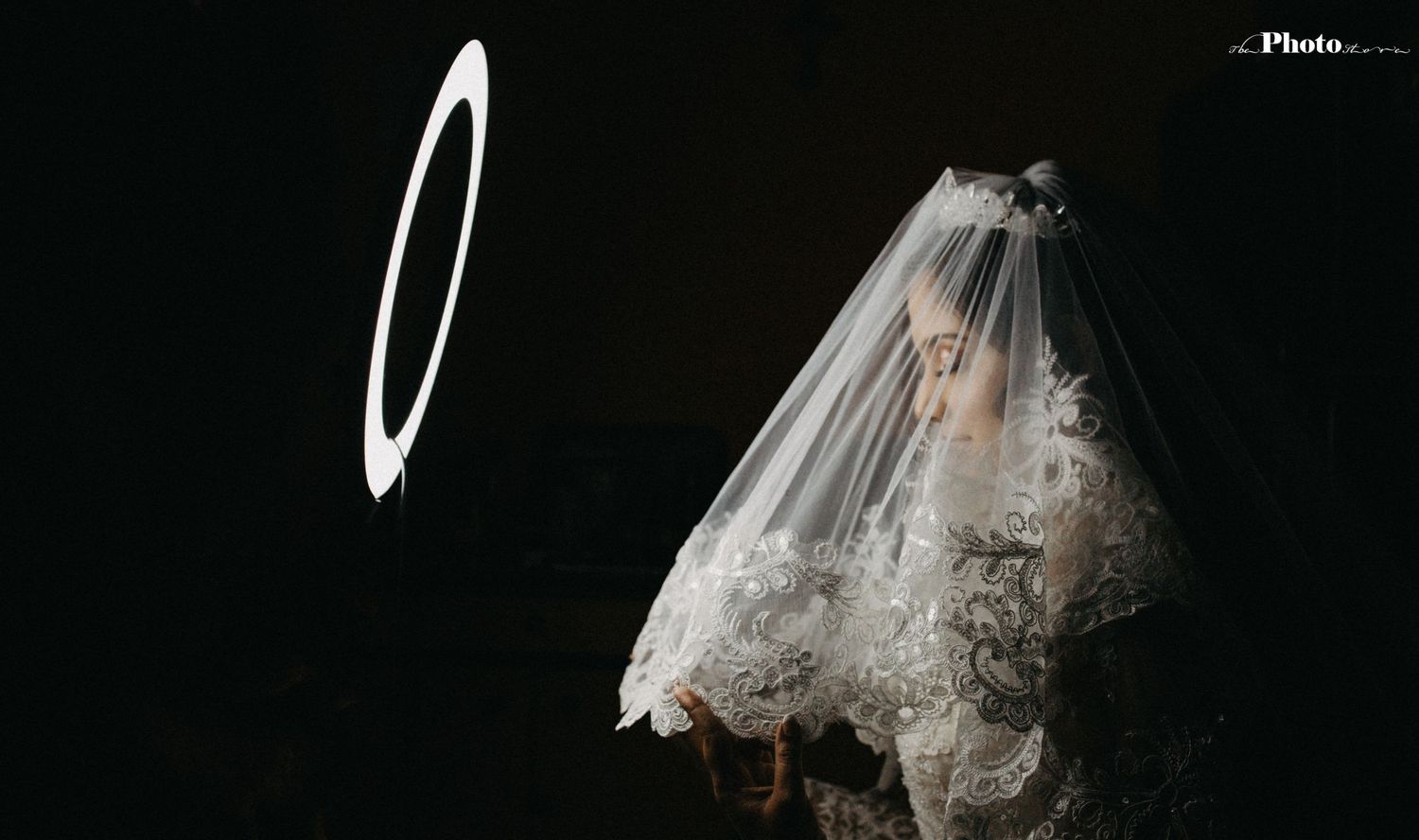 Delicate white wedding veil with lace details photographed against dark background.