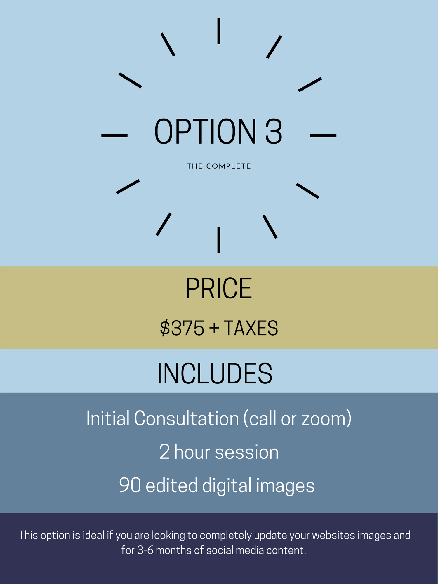 Photography pricing package showing complete tier at $375 including consultation and 2-hour session.
