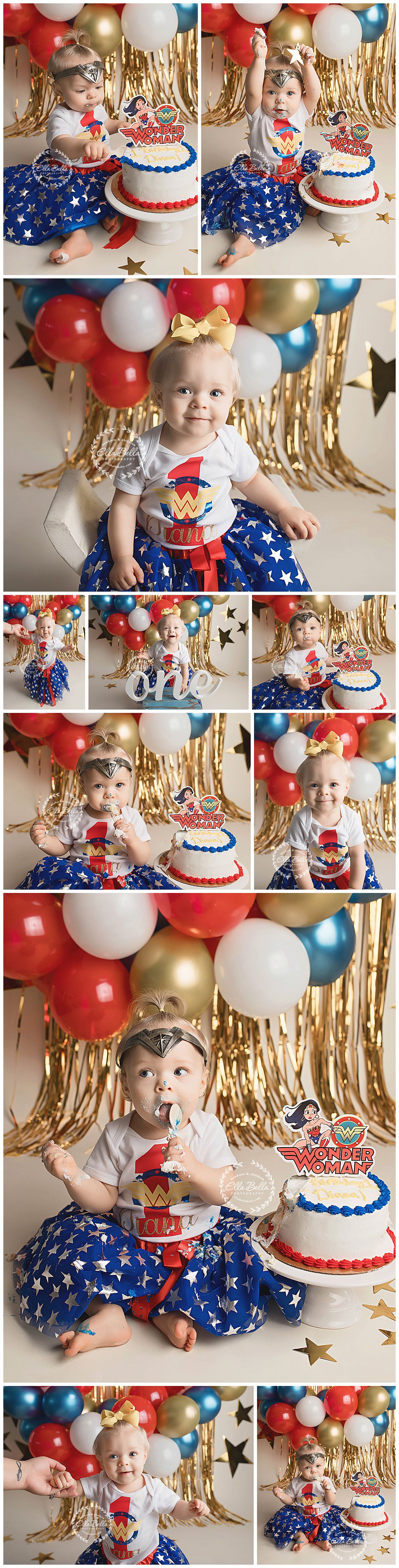 Wonder Woman themed first birthday photoshoot with cake and red white and blue decorations.