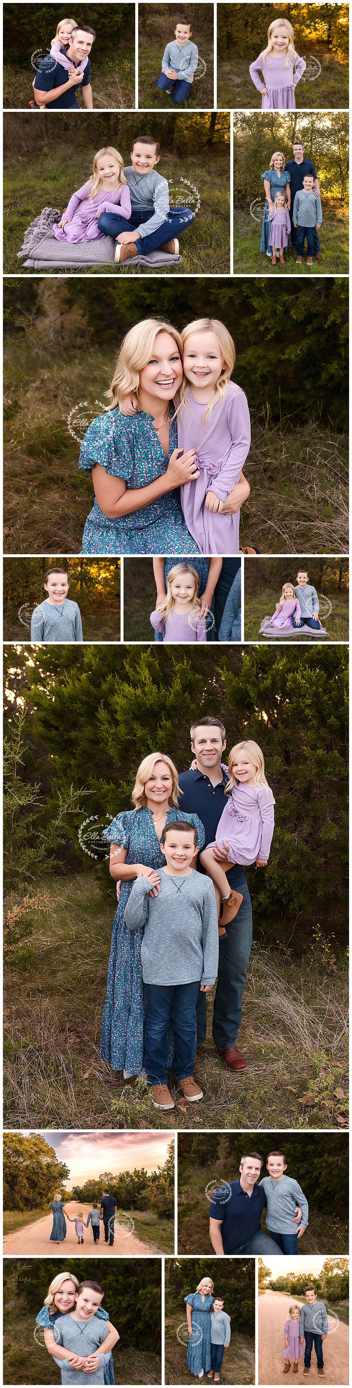 Collection of family portraits featuring coordinated blue and purple outfits in outdoor setting.