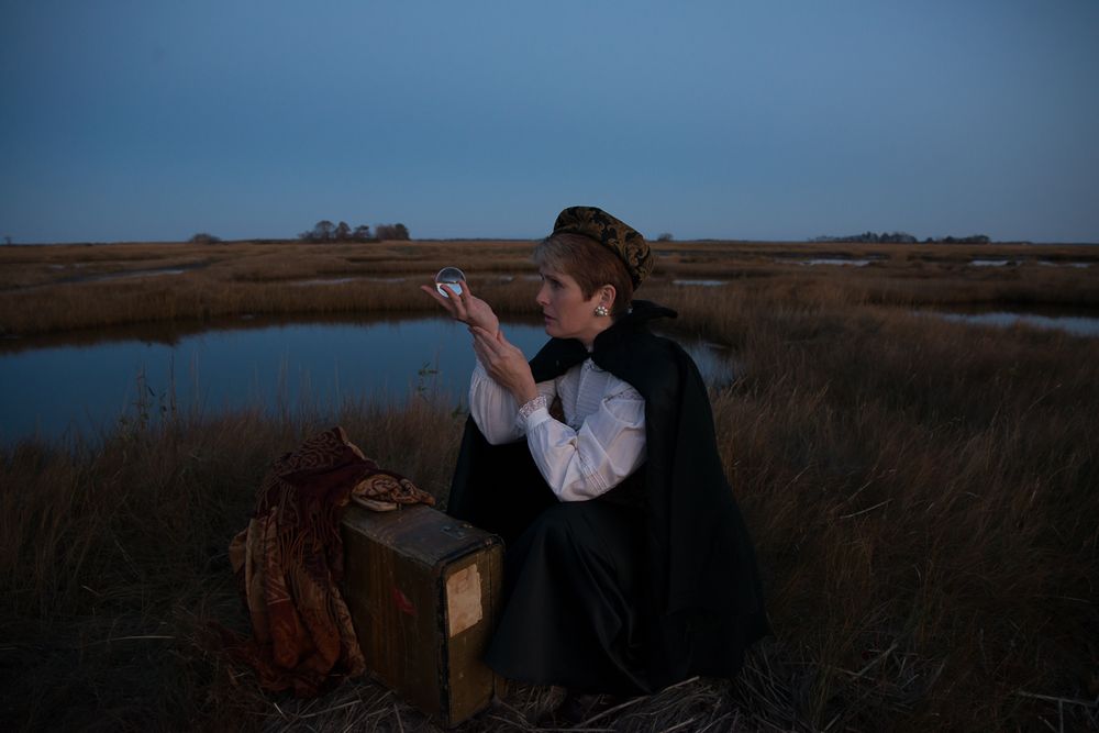 A coastal scene at dusk with someone looking through a telescope near marshland.
