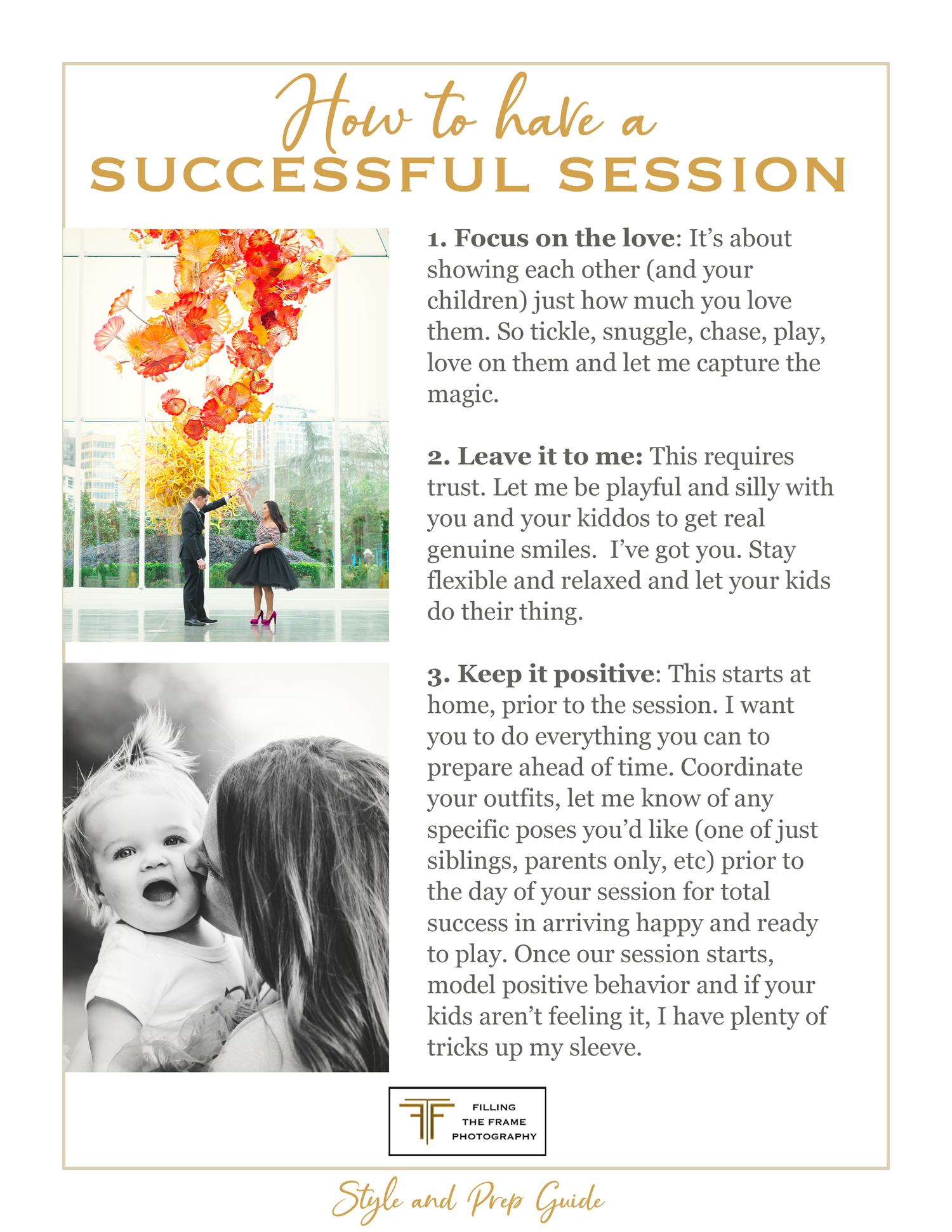 A photography guide page showing tips for successful photo sessions with watercolor design elements.